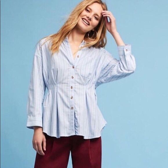 Anthropologie Maeve Blue Pinstriped Pleated Waist Button Down Shirt Size 0 - Picture 1 of 7